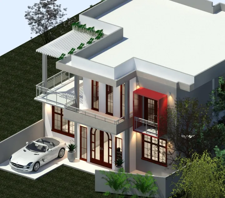 House construction in Akurana - 3D aerial view of a modern two-storey home design by Unicon